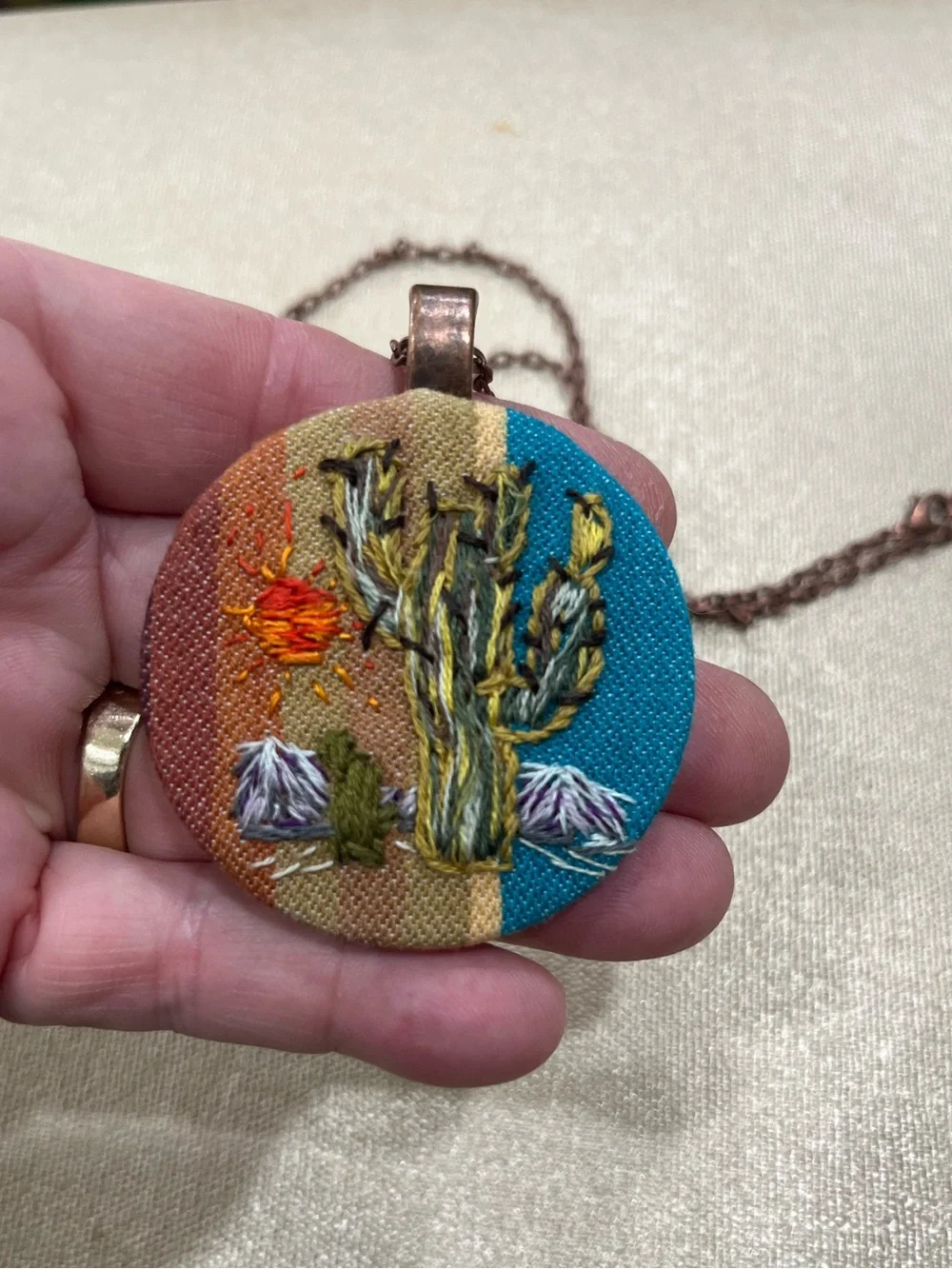 Hand-Embroidered Desert Cactus Pendant Necklace - Multicolor